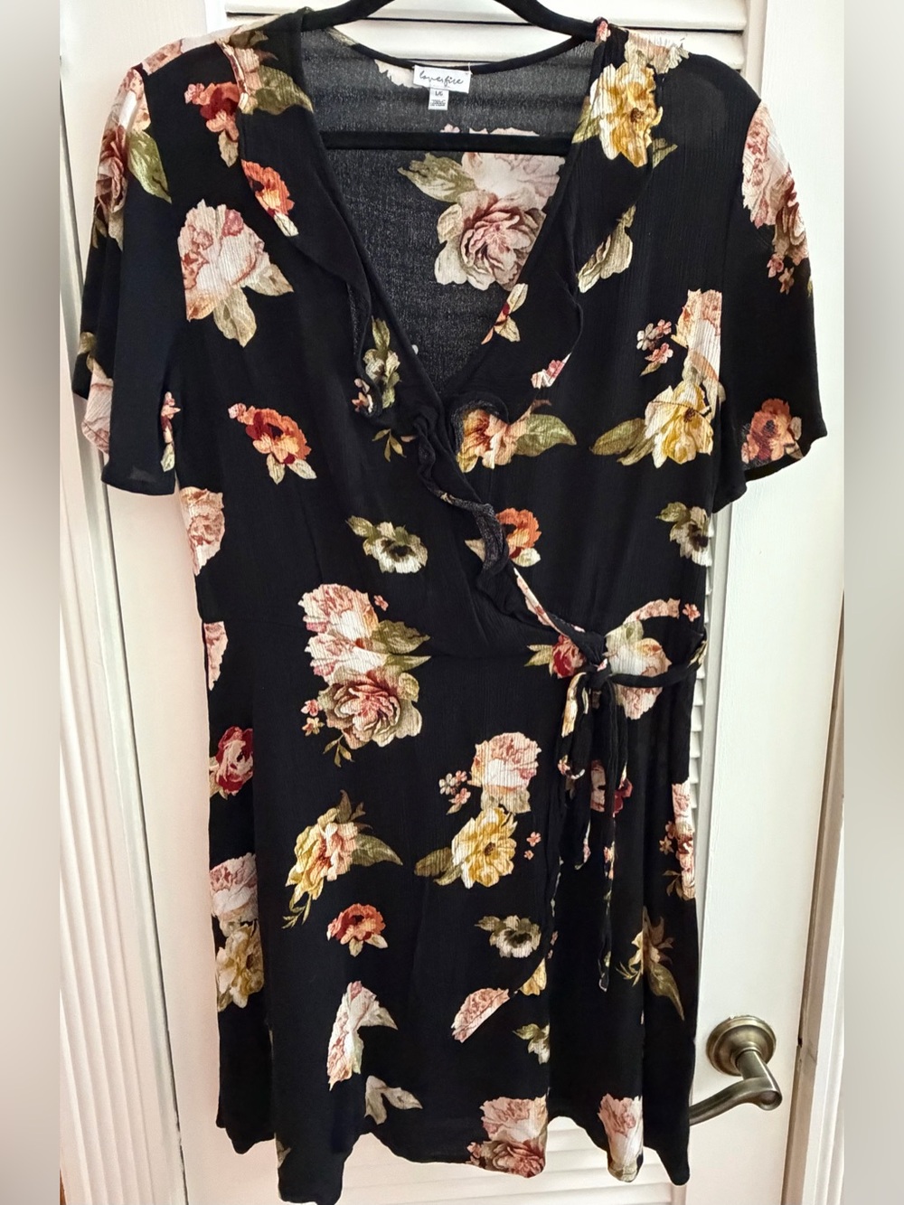 love, Fire Black Floral Wrap Dress with Ruffle Trim Size Large